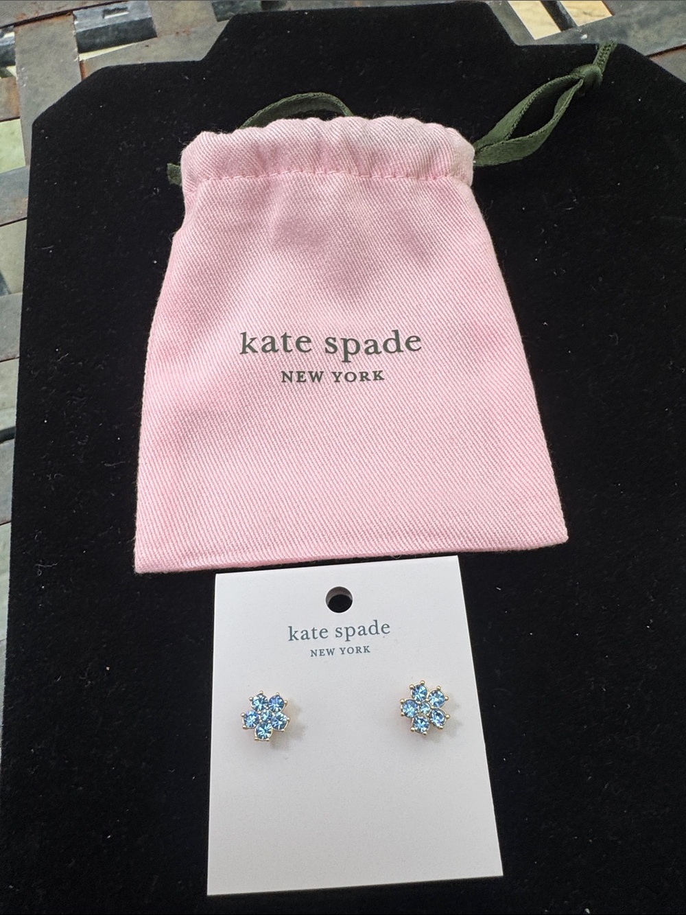 kate spade Blue Crystal Flower Stud Earrings with Pink Pouch